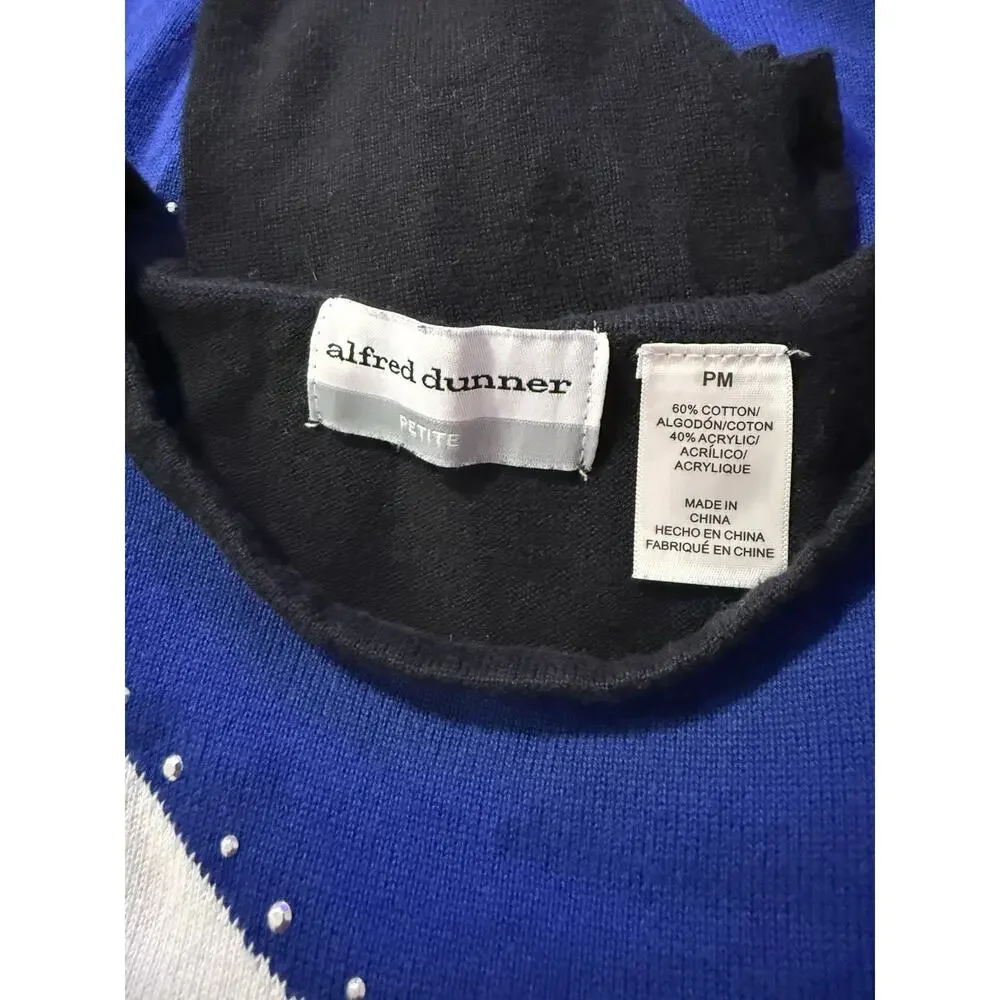Alfred Dunner Petite Medium PM Sweater Blue Black White Colorblock Rhinestone